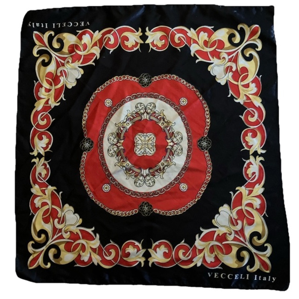 Vecceli Italy Printed Satin Neck Scarf 21.25”x22” Baroque Red Black Gold Square.